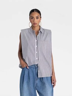 KBB by KAHLANA Sleeveless 'The Shoulder Pad Shirt' - Blue/White Striped